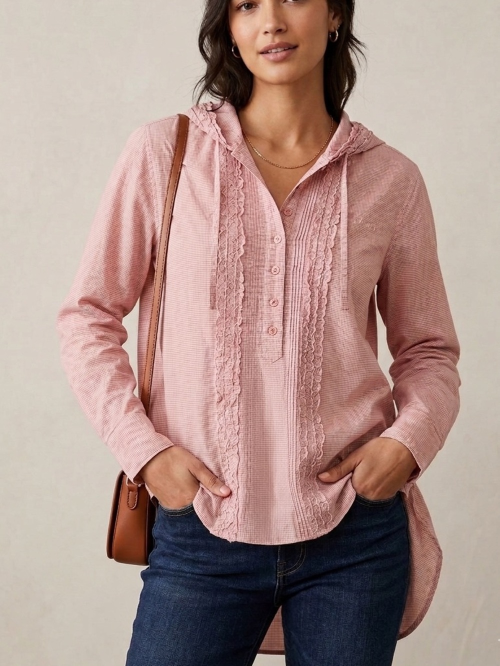 PINK HOUSE Gingham Check Frill Long Sleeve Ruffle Hooded Button Up Blouse Medium